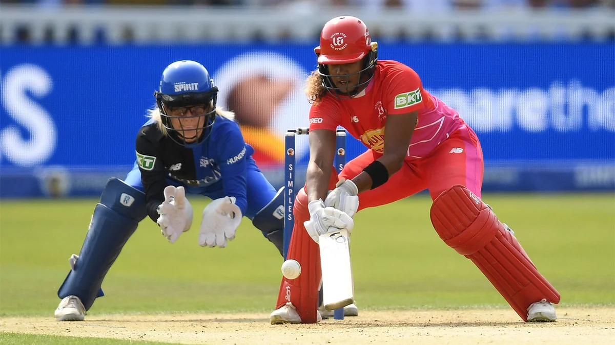 Hayley Matthews of Welsh Fire bats watched by Georgia Redmayne of London Spirit during The Hundred 2024 final