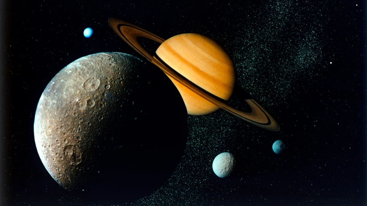Saturnian System from Voyager 1, c1980s. The Voyager 1 space probe was launched by NASA on 5 September 1977, 16 days after its twin, Voyager 2. The purpose of the Voyager programme was to study the outer Solar System.